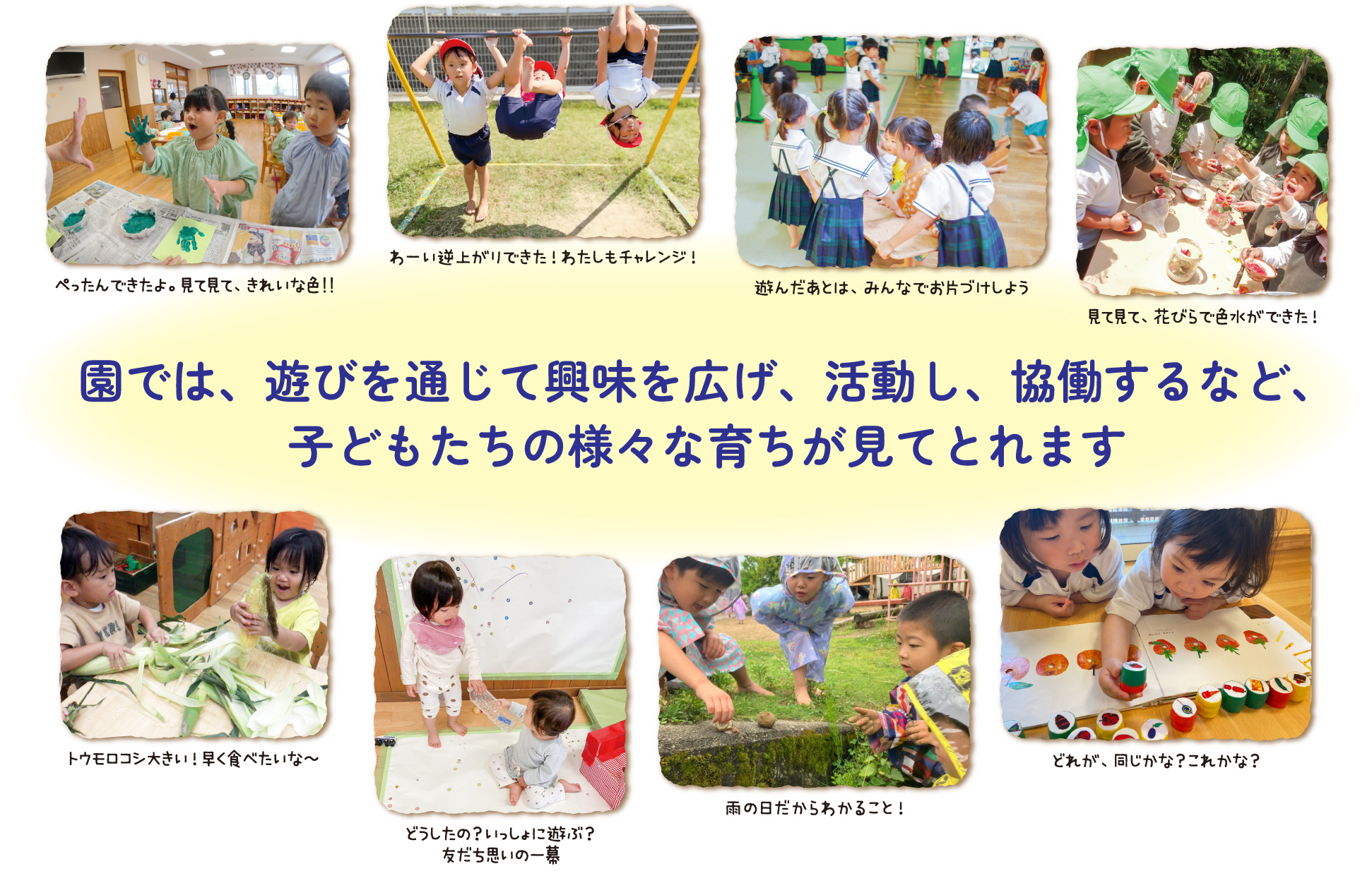 園では、遊びを通じて興味を広げ、活動し、協働するなど、子どもたちの様々な育ちが見てとれます